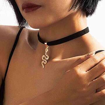 Iaceble Punk Velvet Snake Choker Necklace Gold Snake Pendant Clavicle Necklace Gothic Velvet Collar Necklace Short Black Ribbon Necklace Jewelry for Women (Gold)