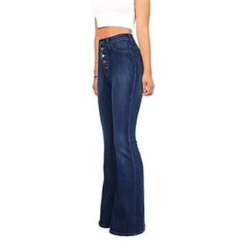 Generic Andongnywell Women's High Rise Button Flare Jeans Bell Bottom Raw Hem Denim Pants Boot Cut Wide Leg Trousers (Blue,Large)