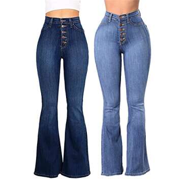Generic Andongnywell Women's High Rise Button Flare Jeans Bell Bottom Raw Hem Denim Pants Boot Cut Wide Leg Trousers (Blue,Large)