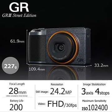 Ricoh GR III Street Edition Metallic Gray APS-C Size Digital Camera (2 batteries included) with Large CMOS Sensor GR Lens that Achieves High Resolution and High Constrast