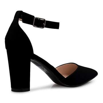 Olivia K Women's Sexy D'Orsay Ankle Strap Pointed Toe Block Heel Pump - Classic, Comfortable (6.5,Black Nubuck**, Numeric_6_Point_5)