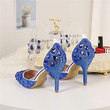 Minishion Womens Rhinestone Wedding Shoes Party Pumps with Ankle Chains Royal Blue US 8