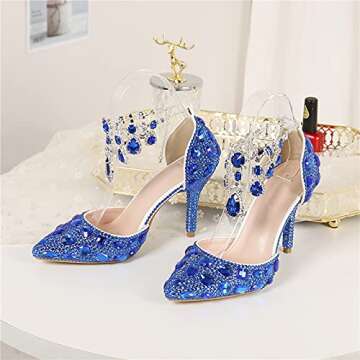 Minishion Womens Rhinestone Wedding Shoes Party Pumps with Ankle Chains Royal Blue US 8