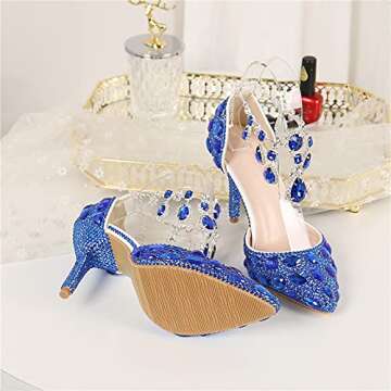 Minishion Womens Rhinestone Wedding Shoes Party Pumps with Ankle Chains Royal Blue US 8