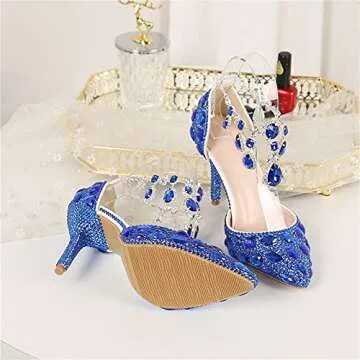 Minishion Womens Rhinestone Wedding Shoes Party Pumps with Ankle Chains Royal Blue US 8