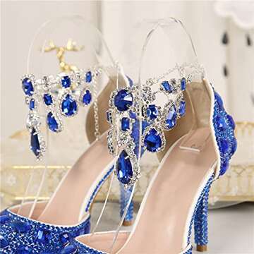 Minishion Womens Rhinestone Wedding Shoes Party Pumps with Ankle Chains Royal Blue US 8