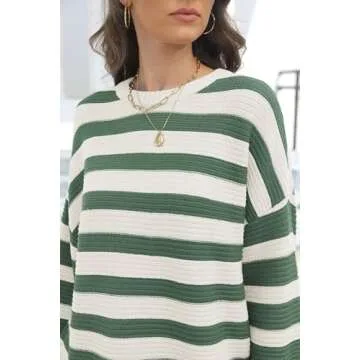 GUNEST Women Green Striped Sweater Oversized Long Sleeve Crew Neck Ribbed Knit 2024 Pullover Sweater Tops for Fall Winter
