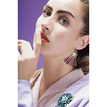 Finrezio 2 Pairs Hoop Tassel Earrings for Women Girls Bohemian Statement Earrings Ethnic Fan-shape D...