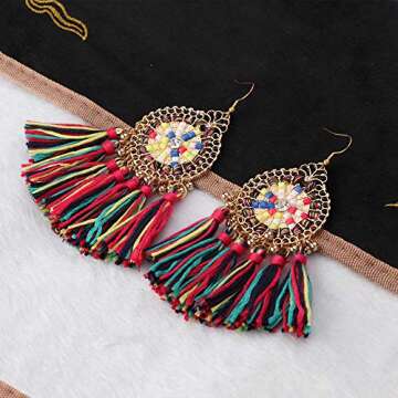 Finrezio 2 Pairs Hoop Tassel Earrings for Women Girls Bohemian Statement Earrings Ethnic Fan-shape Dangle Eardrop Party Dress Accessory (Rainbow)