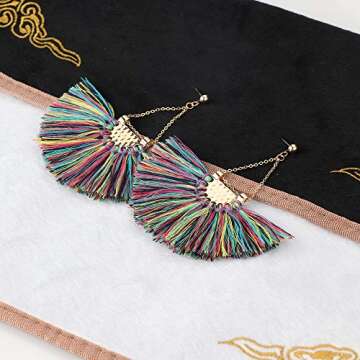 Finrezio 2 Pairs Hoop Tassel Earrings for Women Girls Bohemian Statement Earrings Ethnic Fan-shape Dangle Eardrop Party Dress Accessory (Rainbow)