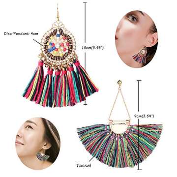 Finrezio 2 Pairs Hoop Tassel Earrings for Women Girls Bohemian Statement Earrings Ethnic Fan-shape Dangle Eardrop Party Dress Accessory (Rainbow)