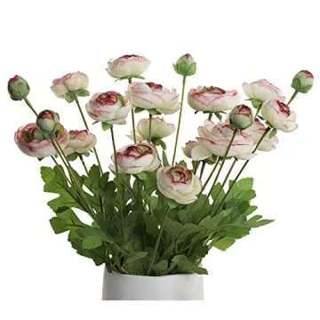 GLSATEMAN Artificial Silk Flowers Persian Buttercup Bicolor Ranunculus Flower 5 Pcs,Suitable for core Decoration,Wedding Floral Creation,Flower Arrangement DIY Project,Interior Decor（Green）