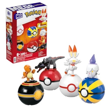 Mega Pokémon Building Toys Set Fire-Type Trainer Team with 105 Pieces, 4 Poseable Characters, 2 Inc...