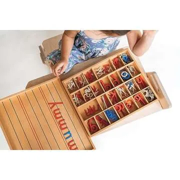 Movable Alphabet Montessori Wooden Letters- Moveable Alphabet with Box Letter Mats - Lower Case Letters - Writing, Reading, Spelling, and Language Learning Materials (Red and Blue)
