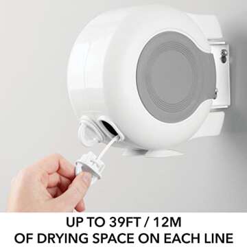 mDesign Indoor/Outdoor Retractable Clothesline - Adjustable 42ft Double Lines - Durable Plastic Reel Dryer for Hanging Wet or Dry Clothes in Bathroom, Laundry, Patio, Balcony - Portable - White