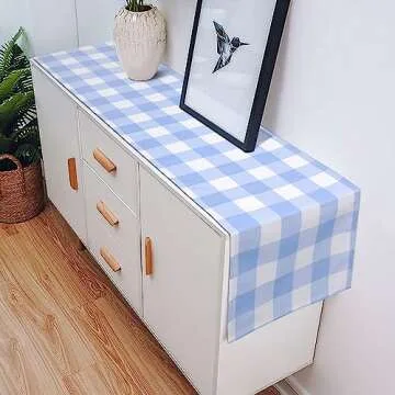 Gingham Table Runner Light Blue White Buffalo Plaid 72 Inches Long