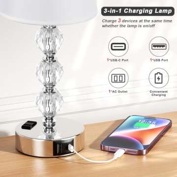 Acaxin 14.6'' Bedside Lamps for bedrooms Set of 2 - Mini Crystal Table Lamps with USB A+C Charging Ports and AC Outlet, 3 Way Dimmable Touch Control Silver Bed Side Nightstand Lamp