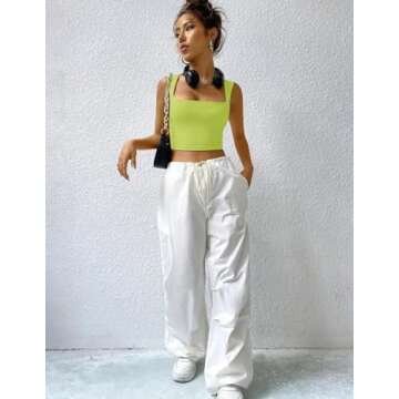 Zeagoo Women's 2025 Sexy Square Neck Sleeveless Crop Tops Trendy Basic Ribbed Tank Tops Neon Green