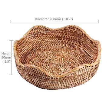 AMOLOLO Handmade Rattan Round Fruit Basket Food Storage Bowls Kitchen Organizer Snack Serving Bowl W...