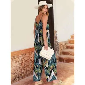 ANRABESS Women Summer Casual Sleeveless Spaghetti Strap Boho Wide Leg Jumpsuits Rompers Dressy 2025 Trendy Outfits Clothes Leaf print Large