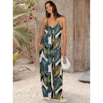 ANRABESS Women Summer Casual Sleeveless Spaghetti Strap Boho Wide Leg Jumpsuits Rompers Dressy 2025 Trendy Outfits Clothes Leaf print Large