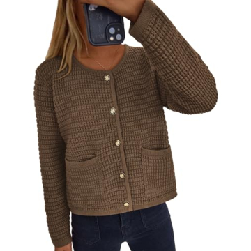 PRETTYGARDEN Women's Knit Cardigan Sweaters Fall Fashion Long Sleeve Open Front Button Down Trendy Casual Sweater Jacket (Coffee,Small)