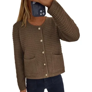PRETTYGARDEN Women's Knit Cardigan Sweaters Fall Fashion Long Sleeve Open Front Button Down Trendy Casual Sweater Jacket (Coffee,Small)