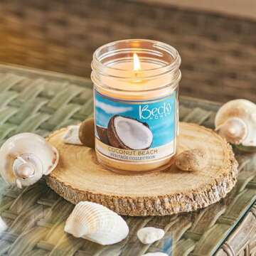 Coconut Beach Scented Candle in Clear Mason Jar | Candles for Home | 8oz Rustic Home Decor Novelty Candle | 40 Hour Burn Time Candle