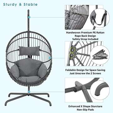 Patiorama Indoor Outdoor Egg Swing Chair with Stand, Oversized Cocoon-Shaped Rope Woven Hanging Chair W/Cushion, Safety Strap, Patio Wicker Foldable Hammock Chair for Bedroom, Porch,Garden (Grey)