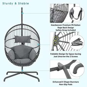 Patiorama Indoor Outdoor Egg Swing Chair with Stand, Oversized Cocoon-Shaped Rope Woven Hanging Chair W/Cushion, Safety Strap, Patio Wicker Foldable Hammock Chair for Bedroom, Porch,Garden (Grey)