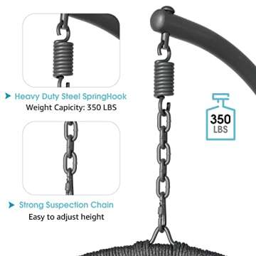 Patiorama Indoor Outdoor Egg Swing Chair with Stand, Oversized Cocoon-Shaped Rope Woven Hanging Chair W/Cushion, Safety Strap, Patio Wicker Foldable Hammock Chair for Bedroom, Porch,Garden (Grey)