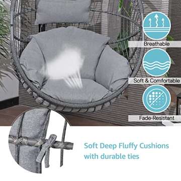 Patiorama Indoor Outdoor Egg Swing Chair with Stand, Oversized Cocoon-Shaped Rope Woven Hanging Chair W/Cushion, Safety Strap, Patio Wicker Foldable Hammock Chair for Bedroom, Porch,Garden (Grey)