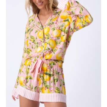 Juakoso Women Pajamas Shorts Sets Casual Beach Vacation 2 Piece Outfits Short Sleeve Button Lounge Sets Ric Rac Sleepwear