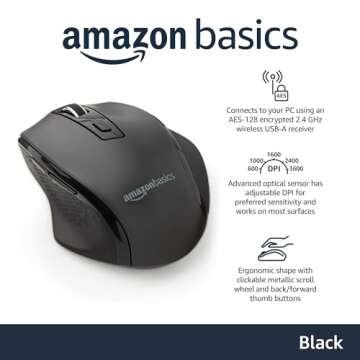 Amazon Basics Computer Mouse Wireless, Ergonomic, 2.4 GHz Optical, DPI Adjustable, Compatible With P...