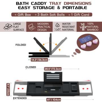 Yirilan Bathtub Caddy Tray, Foldable Bathroom Tray with Extending Side, and Waterproof Fabric Bookshelf, Luxury Bath Tray for 1 or 2 Person Bath and Bed Tray - Sister Gifts