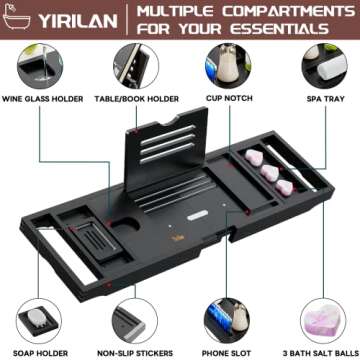 Yirilan Bathtub Caddy Tray, Foldable Bathroom Tray with Extending Side, and Waterproof Fabric Bookshelf, Luxury Bath Tray for 1 or 2 Person Bath and Bed Tray - Sister Gifts