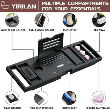 Yirilan Bathtub Caddy Tray, Foldable Bathroom Tray with Extending Side, and Waterproof Fabric Bookshelf, Luxury Bath Tray for 1 or 2 Person Bath and Bed Tray - Sister Gifts