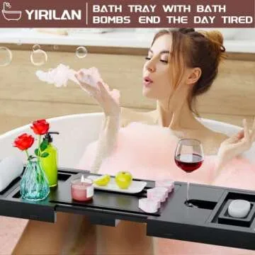 Yirilan Bathtub Caddy Tray, Foldable Bathroom Tray with Extending Side, and Waterproof Fabric Bookshelf, Luxury Bath Tray for 1 or 2 Person Bath and Bed Tray - Sister Gifts