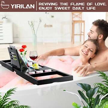 Yirilan Bathtub Caddy Tray, Foldable Bathroom Tray with Extending Side, and Waterproof Fabric Bookshelf, Luxury Bath Tray for 1 or 2 Person Bath and Bed Tray - Sister Gifts