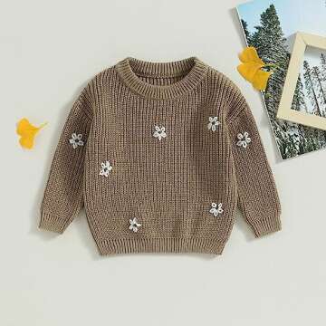 Toddler Baby Girl Boy Knit Sweater Warm Long Sleeve Floral Embroidery Chunky Sweater Fall Winter Clothes Outfit Khaki 4-5T