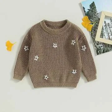 Toddler Baby Girl Boy Knit Sweater Warm Long Sleeve Floral Embroidery Chunky Sweater Fall Winter Clothes Outfit Khaki 4-5T