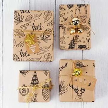 RUSPEPA Christmas Wrapping paper - Brown Kraft Paper with Black Christmas Elements Print Paper - 4 Roll-30Inch X 10Feet Per Roll