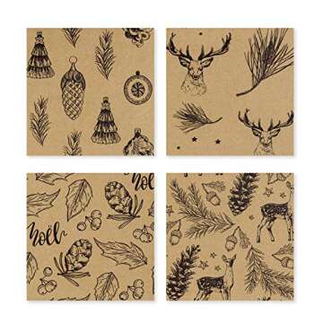 RUSPEPA Christmas Wrapping paper - Brown Kraft Paper with Black Christmas Elements Print Paper - 4 Roll-30Inch X 10Feet Per Roll