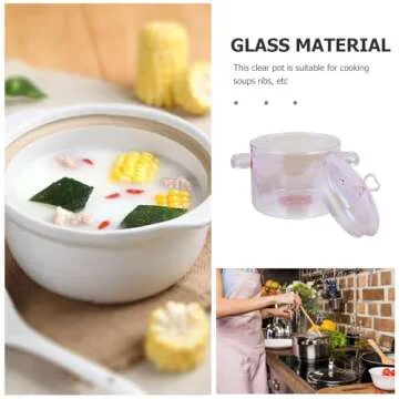 ERINGOGO Glass Cooking Pot with Cover and Handle - 1.5L/50oz Stovetop Cooking Pot with Lid Heat Resistant Glass Saucepan High Borosilicate Glass Cookware Simmer Pot Clear Soup Pot - Pink, 20x15cm