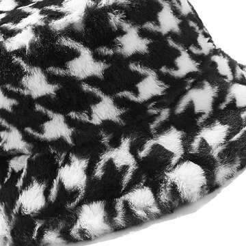 Umeepar Winter Faux Fur Fuzzy Bucket Hat Fluffy Warm Hat for Women Men (Houndstooth Black)