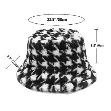 Umeepar Winter Faux Fur Fuzzy Bucket Hat Fluffy Warm Hat for Women Men (Houndstooth Black)