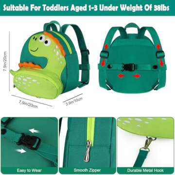 Accmor Toddler Harness Backpack Leash, Cute Dinosaur Backpacks with Anti Lost Wrist Link, Cute Mini Child Backpack Wristband Tether Strap and Protection Leashes for Boys Girls Aged 1-3 Years