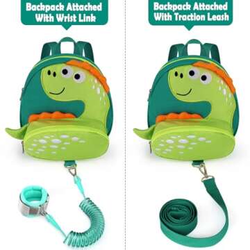 Accmor Toddler Harness Backpack Leash, Cute Dinosaur Backpacks with Anti Lost Wrist Link, Cute Mini Child Backpack Wristband Tether Strap and Protection Leashes for Boys Girls Aged 1-3 Years