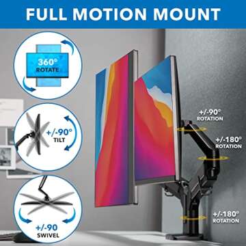 Mount-It! Dual Monitor Arm for 2 Monitors 17" to 32" Screens, Holds 19.8lbs per Arm, Height Adjustable, Tilt/Swivel/Rotate, Gas Spring System, Max VESA 100x100, C-Clamp & Grommet Base