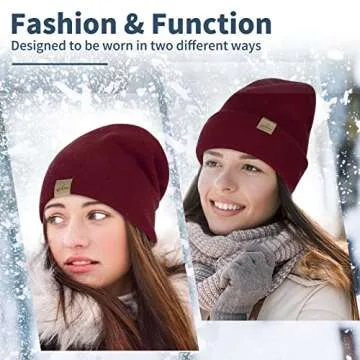 Hysnan Mens Beanie Merino Wool Warm Hats for Women Men Knit Slouchy Double Layer Warm Cuffed Skull Beanie Skiing Skating Burgundy